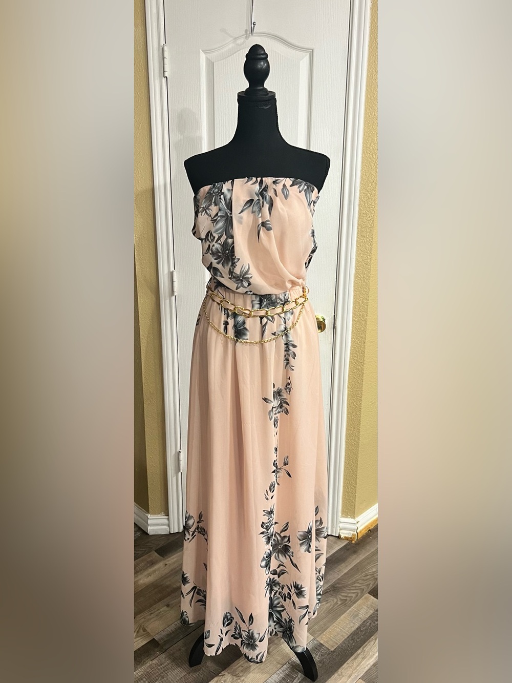 Papaya Strapless Blush Floral Maxi Dress with Gold Chain